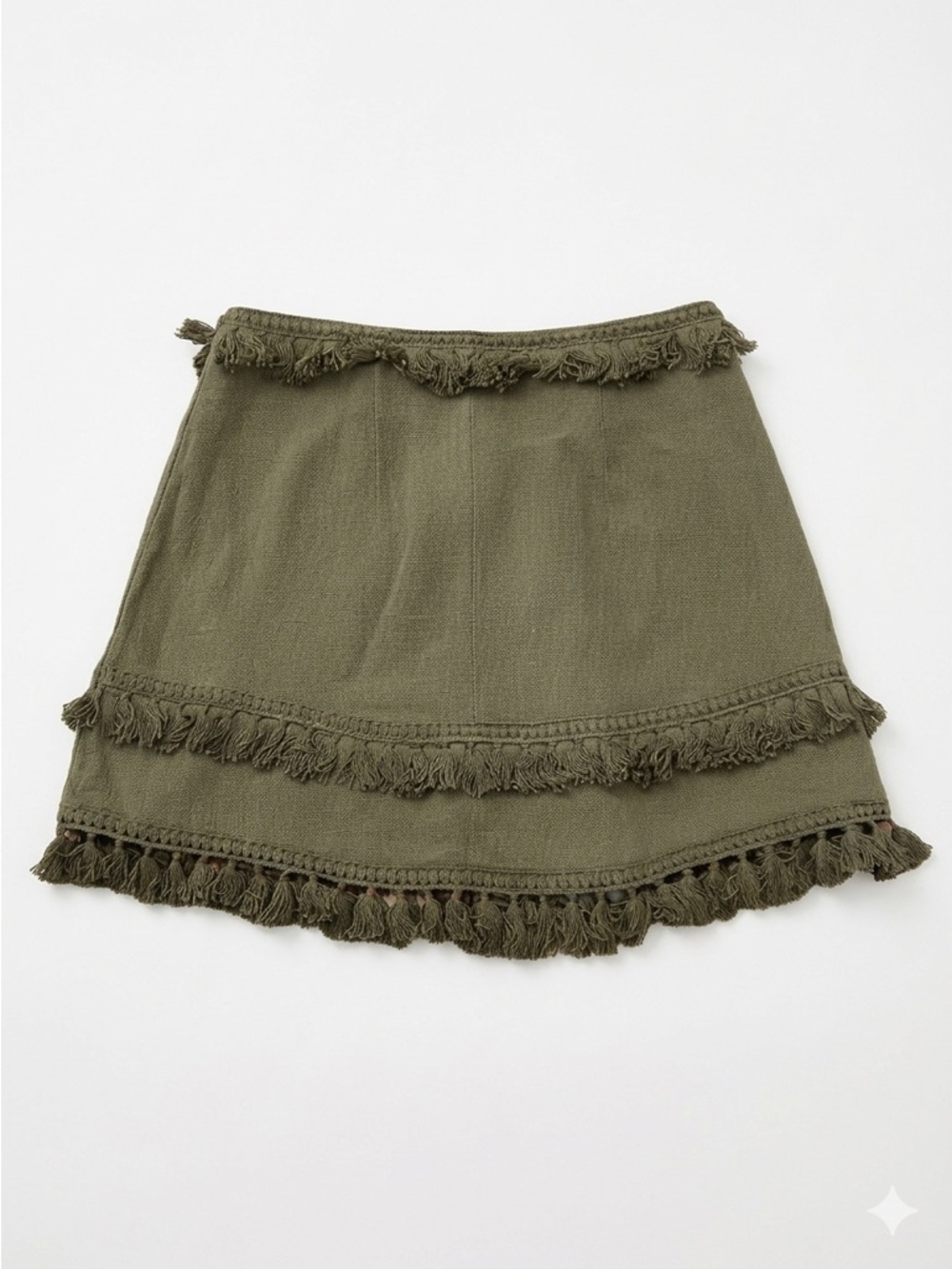 Olive Green Fringe Mini Skirt Boho Festival Western NWT Medium - Picture 2 of 6